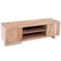 Soft Modern Media Console shown in Antique Distressed Light Mahogany 2 Door style with Brushed Silver Steel Base