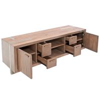 Soft Modern Media Console shown in Antique Distressed Dark Mahogany 2 Door & 4 Drawer style with Brushed Silver Steel Base. Doors and drawers are shown open.