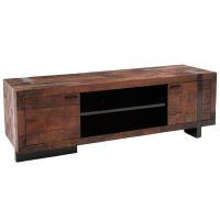 Soft Modern Media Console shown in Natural Reclaimed Wood 2 Door style with Ebony Mahogany Base