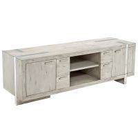 Soft Modern Media Console shown in Antique Distressed Gray Mahogany 2 Door & 4 Drawer style with Polished Silver Steel Base