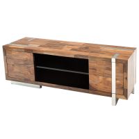 Soft Modern Media Console shown in Patterned Golden Walnut 2 Door style with Polished Silver Steel Base