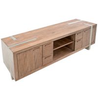 Soft Modern Media Console shown in Antique Distressed Dark Mahogany 2 Door & 4 Drawer style with Brushed Silver Steel Base