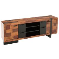 Soft Modern Media Console shown in Smooth Reclaimed Wood 2 Door & 4 Drawer style with Ebony Mahogany Base