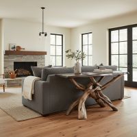 Modern Sofa Table: Some lifestyle images are created with AI for visualization purposes. Crafted from natural solid wood, each piece is unique and will vary.