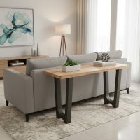 Modern Rustic Sofa Table: Some lifestyle images are created with AI for visualization purposes. Crafted from natural solid wood, each piece is unique and will vary.