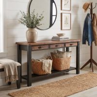 Rustic Sofa Table: Some lifestyle images are created with AI for visualization purposes. Crafted from natural solid wood, each piece is unique and will vary.