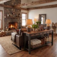 Rustic Sofa Table: Some lifestyle images are created with AI for visualization purposes. Crafted from natural solid wood, each piece is unique and will vary.