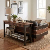 Rustic Sofa Table: Some lifestyle images are created with AI for visualization purposes. Crafted from natural solid wood, each piece is unique and will vary.