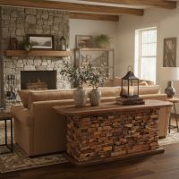 Rustic Sofa Table: Some lifestyle images are created with AI for visualization purposes. Crafted from natural solid wood, each piece is unique and will vary.
