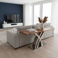Modern Sofa Table: Some lifestyle images are created with AI for visualization purposes. Crafted from natural solid wood, each piece is unique and will vary.