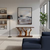 Modern Sofa Table: Some lifestyle images are created with AI for visualization purposes. Crafted from natural solid wood, each piece is unique and will vary.