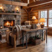 Barn Wood Sofa Table: Some lifestyle images are created with AI for visualization purposes. Crafted from natural solid wood, each piece is unique and will vary.