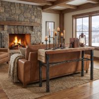 Barn Wood Sofa Table: Some lifestyle images are created with AI for visualization purposes. Crafted from natural solid wood, each piece is unique and will vary.