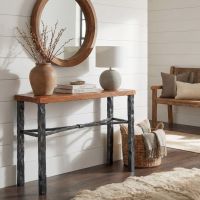 Barn Wood Sofa Table: Some lifestyle images are created with AI for visualization purposes. Crafted from natural solid wood, each piece is unique and will vary.