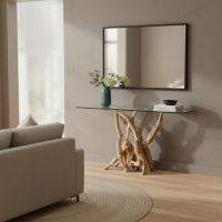 Driftwood Sofa Table: Some lifestyle images are created with AI for visualization purposes. Crafted from natural solid wood, each piece is unique and will vary.