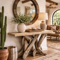 Modern Lodge Furniture: Some lifestyle images are created with AI for visualization purposes. Crafted from natural solid wood, each piece is unique and will vary.