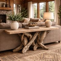 Natural Wood Sofa Table: Some lifestyle images are created with AI for visualization purposes. Crafted from natural solid wood, each piece is unique and will vary.