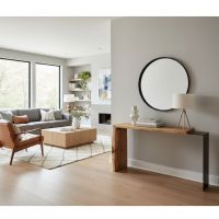 Forged Metal Base Sofa Table: Some lifestyle images are created with AI for visualization purposes. Crafted from natural solid wood, each piece is unique and will vary.