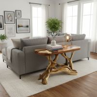 Rustic Sofa Table: Some lifestyle images are created with AI for visualization purposes. Crafted from natural solid wood, each piece is unique and will vary.