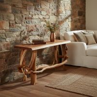 Rustic Sofa Table: Some lifestyle images are created with AI for visualization purposes. Crafted from natural solid wood, each piece is unique and will vary.
