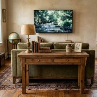 Rustic Sofa Table: Some lifestyle images are created with AI for visualization purposes. Crafted from natural solid wood, each piece is unique and will vary.