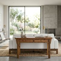 Barn Wood Sofa Table: Some lifestyle images are created with AI for visualization purposes. Crafted from natural solid wood, each piece is unique and will vary.