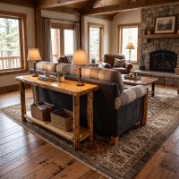 Aspen Sofa Table: Some lifestyle images are created with AI for visualization purposes. Crafted from natural solid wood, each piece is unique and will vary.
