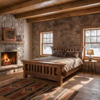 Rustic Lodge Bedroom with Reclaimed Wood Bed and Stone Fireplace: Some lifestyle images are created with AI for visualization purposes. Crafted from natural solid wood, each piece is unique and will vary.