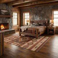 Stony Brooke Reclaimed Wood Bed in Luxury Lodge Setting: Some lifestyle images are created with AI for visualization purposes. Crafted from natural solid wood, each piece is unique and will vary.
