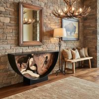 Suar Arc Modern Console Table Rustic Entryway: Some lifestyle images are created with AI for visualization purposes. Crafted from natural solid wood, each piece is unique and will vary.