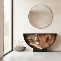 Live Edge Suar Console Table Contemporary: Some lifestyle images are created with AI for visualization purposes. Crafted from natural solid wood, each piece is unique and will vary.