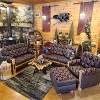 Beartooth Aspen Upholstered Log Living Room Set, Shown in the Larsmont Brick Fabric