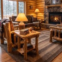 Rustic Log End Table: Some lifestyle images are created with AI for visualization purposes. Crafted from natural solid wood, each piece is unique and will vary.