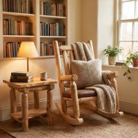 Rustic Log End Table: Some lifestyle images are created with AI for visualization purposes. Crafted from natural solid wood, each piece is unique and will vary.