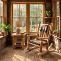Rustic Log End Table: Some lifestyle images are created with AI for visualization purposes. Crafted from natural solid wood, each piece is unique and will vary.
