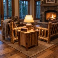 Rustic Log End Table: Some lifestyle images are created with AI for visualization purposes. Crafted from natural solid wood, each piece is unique and will vary.