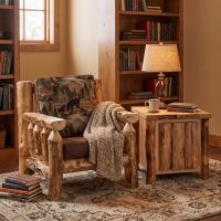 Rustic Log End Table: Some lifestyle images are created with AI for visualization purposes. Crafted from natural solid wood, each piece is unique and will vary.