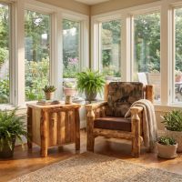 Rustic Log End Table: Some lifestyle images are created with AI for visualization purposes. Crafted from natural solid wood, each piece is unique and will vary.