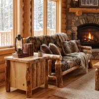 Rustic Log End Table: Some lifestyle images are created with AI for visualization purposes. Crafted from natural solid wood, each piece is unique and will vary.
