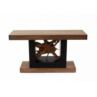 Teak Wheel Harvest Sofa Table - Mahogany Wood in Natural Dark Finish