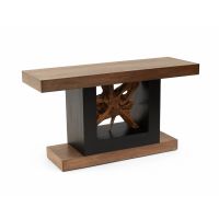 Teak Wheel Harvest Sofa Table - Mahogany Wood in Natural Dark Finish