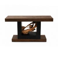 Teak Wheel Harvest Sofa Table - Reclaimed Wood in Dark Oldwood Finish