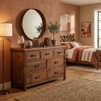 Barn Wood Dresser: Some lifestyle images are created with AI for visualization purposes. Crafted from natural solid wood, each piece is unique and will vary.