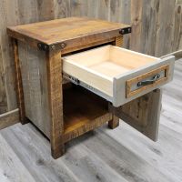 Timber Haven 1 Drawer and 1 Door Barnwood Nightstand with drawer/door open in Wyoming FInish