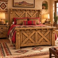 Barn Door Bed: Some lifestyle images are created with AI for visualization purposes. Crafted from natural solid wood, each piece is unique and will vary.
