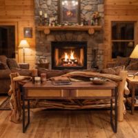 Rustic Sofa Table: Some lifestyle images are created with AI for visualization purposes. Crafted from natural solid wood, each piece is unique and will vary.