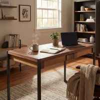 Transitional Office Desk: Some lifestyle images are created with AI for visualization purposes. Crafted from natural solid wood, each piece is unique and will vary.