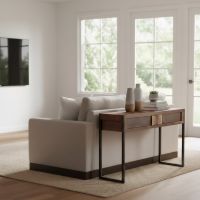 Contemporary Rustic Sofa Table: Some lifestyle images are created with AI for visualization purposes. Crafted from natural solid wood, each piece is unique and will vary.