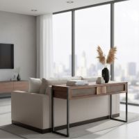 Contemporary Sofa Table: Some lifestyle images are created with AI for visualization purposes. Crafted from natural solid wood, each piece is unique and will vary.
