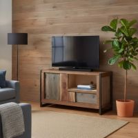 Contemporary Rustic TV Stand: Some lifestyle images are created with AI for visualization purposes. Crafted from natural solid wood, each piece is unique and will vary.